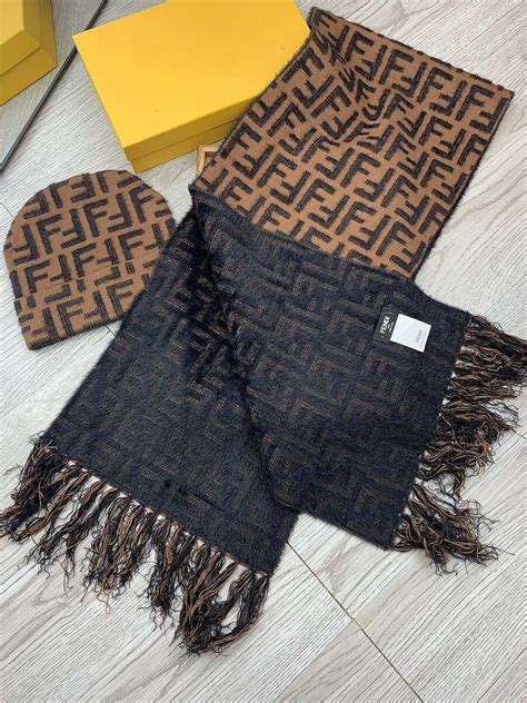 fendi scarf and hat set|Fendi scarf with fur trim.